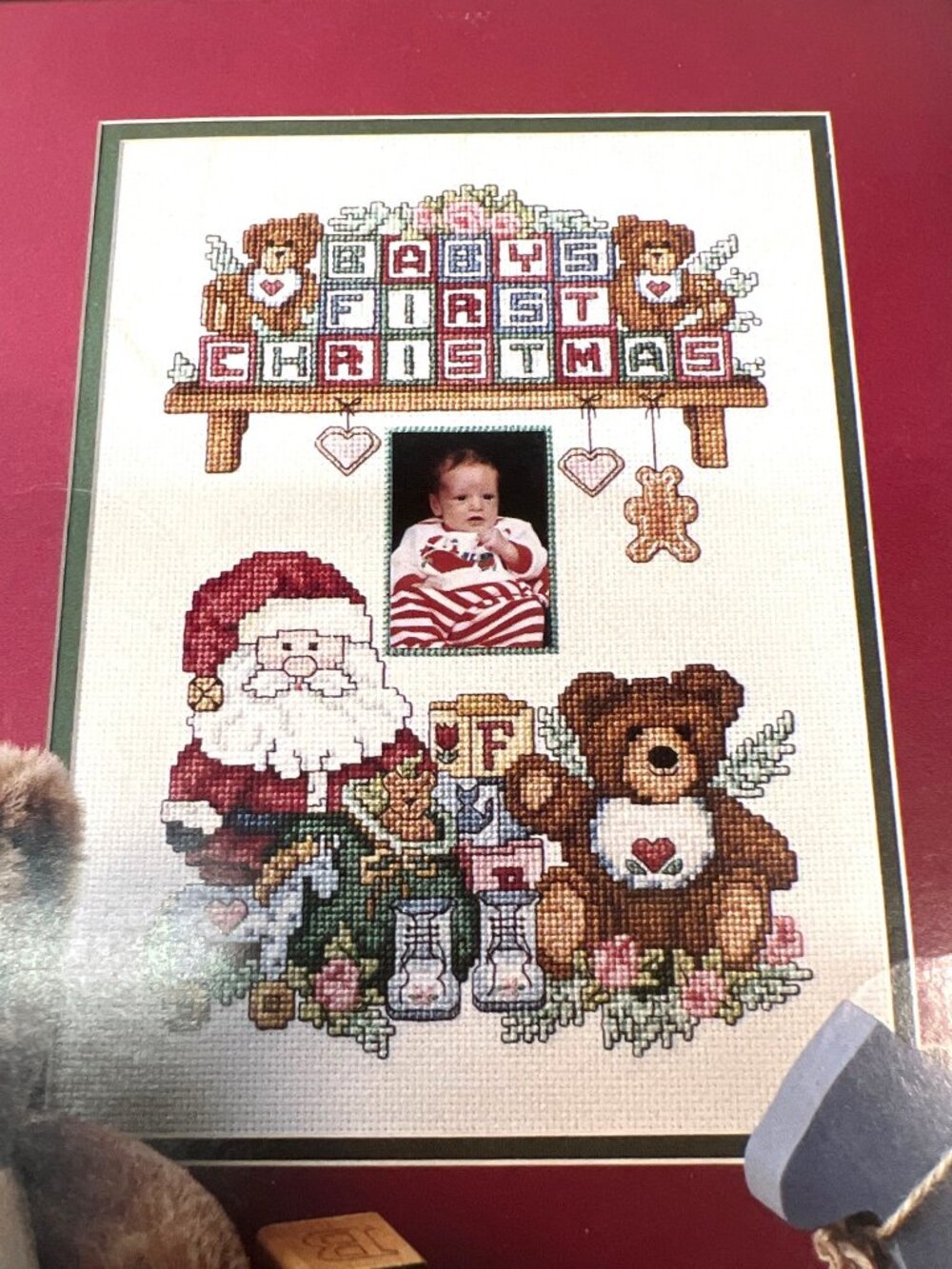 Babys First Christmas Cross-Stitch Pattern With Santa & Teddy Bear Design